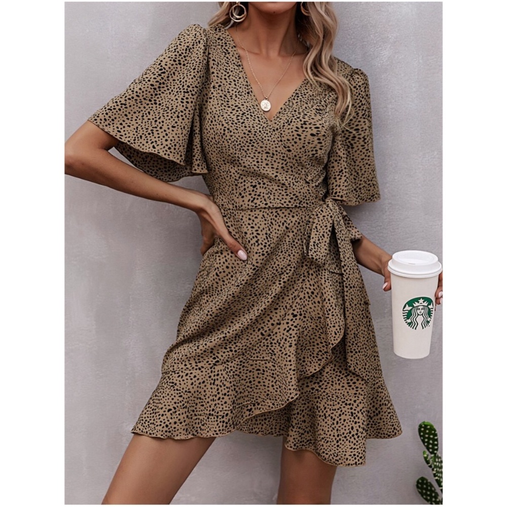 Boho tan Leopard Print Dot Butterfly Sleeve Dress - Picture 1 of 4